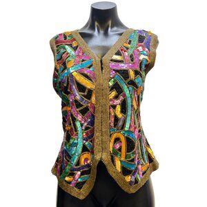 Lawrence Kazar Vintage Sequined Silk Vest Multi-Color L